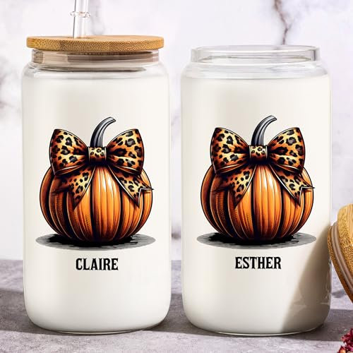 KEMEILA Taza de vidrio de calabaza de Halloween con tapa y popote, vaso de cerveza de 16 onzas, regalos de Halloween, decoraciones de Halloween