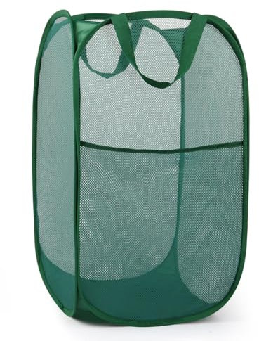 Strehknewen Vertikal Wäschekorb faltbar,Pop-Up Wäschekorb,Faltbarer Wäschesammler mit Griffen und Seitentasche, Tragbarer Laundry Basket für Waschküche, Schlafzimmer und Reisen, 36 x 36 x 58 cm (Grün)