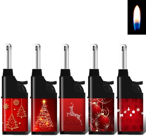 5X Stabfeuerzeug 10,5cm Candle Light Kerzenanzünder Softflamme Gas Feuerzeug BBQ Anzünder wiederbefüllbar Flammenstärke regulierbar (Christmas Red)