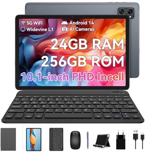 BESTTAB 2025 Newest Tablet 10 Inch Android 14 Tablets,Gemini AI,24GB RAM+256GB ROM/2TB,FHD,Octa Core,5GWIFI/GMS,Widevine L1,Tablet With Keyboard,Pen,Mouse,Case2-Year Warranty