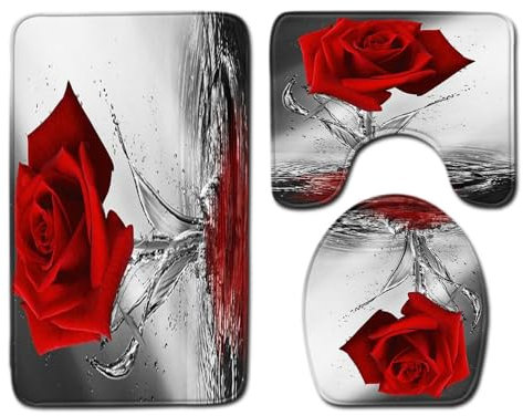 Badezimmerteppich Graue Rote Blume WC Vorleger mit Ausschnitt WC Deckelbezug 3 Teiliges WC Teppich rutschfeste Badgarnitur U förmiger Badematte Waschbar Bad Teppiche Set 50x80 cm
