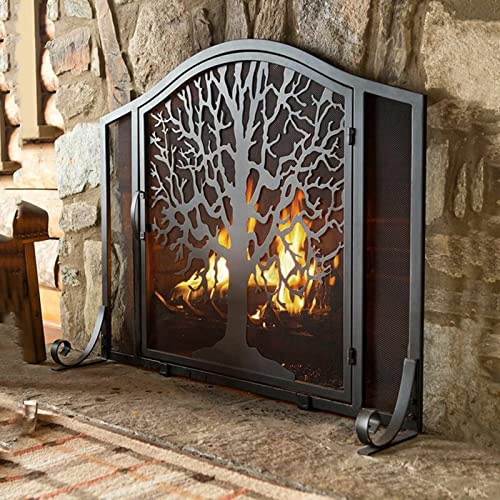 FUYAO Fireplace Screen, Wrought Iron Spark Guard Grate with Door, Tree Shaped Handcrafted Fire Place Cover for Living Room
