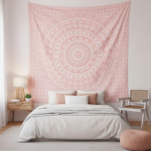 Craft Trade Mandala Rosa Wandteppich Indische Wandtuch Tapestry Wandbehang Boho Wandteppiche für Heimdeko Wohnzimmer und Schlafzimmer - 137 x 213 cm