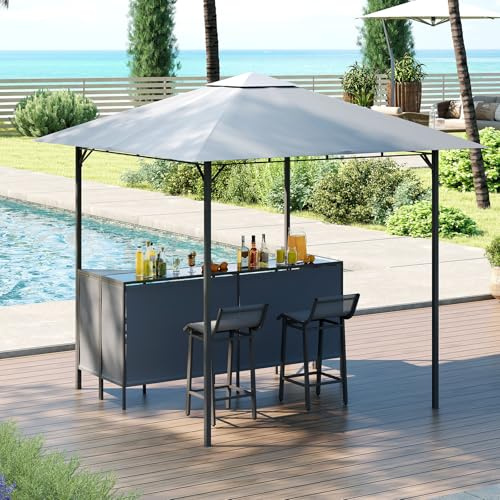 GOPLUS 3 Pcs Abri Barbecue Jardin Exterieur avec Bar Exterieur, Tonnelle Barbecue avec 2 Tabourets Bar, Rangement, Plateau en Verre Trempée,Porte-Verres, en Métal avec Double Toit, 245 x 245 x 243CM