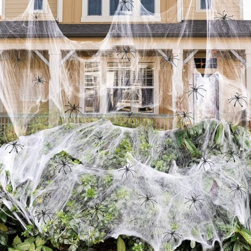 Kinearcharms Halloween Deko Spinnennetz, 280g Weiß Spinnenweben Halloween Spinnennetz Dekoration mit 60St Schwarz Kunststoff Spinnen Outdoor Garten Innen Horror Party Hängende Gruselig Deko