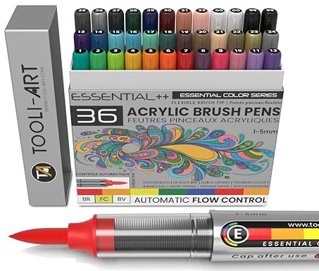 36 stylos acryliques flexibles avec pointe de pinceau, contrôle automatique du débit de 1 à 5 mm, ligne pour peinture sur roche, coloration, écriture au pinceau, verre, tasses, bois, métal, toile