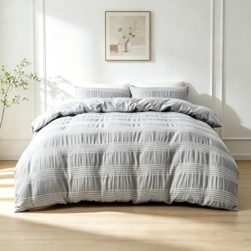 Qucover Bettwäsche 220x240 3teilig Bettdeckenbezug Bettwäsche Set Grau Weiß Gestreift mit 2 Kissenbezügen 80x80 cm, Mikrofaser Bettbezug mit Reißverschluss