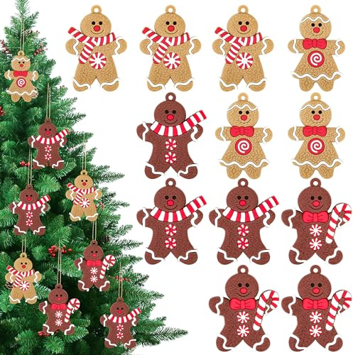 Juego de 12 Adornos de árbol de Navidad de Pan de Jengibre, Decoración Navideños Hombre de Jengibre, Colgantes de Muñeco de Jengibre, Ornamentos para Fiestas en el Hogar y Niños