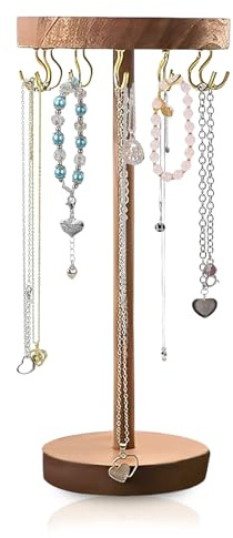 MXGHIR Necklace Display Stand, Wood Bracelet Holder Jewellery Stand with 12 Hooks, Gift for Women, Necklace Storage for Home, Bedroom, or Vanity (Walnut)