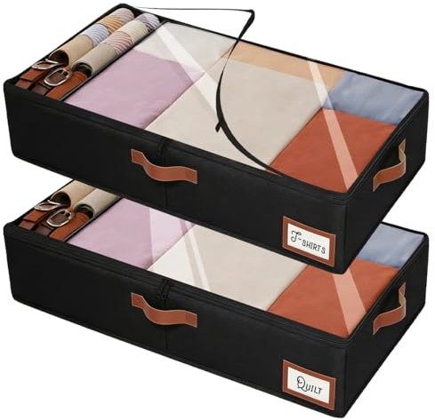 2 Stück Unterbett Aufbewahrung, 85 × 45 × 15 cm Unterbett Aufbewahrungsbox mit Sichtfenster,Doppelreißverschluss,Faltbar Bettkasten Aufbewahrung mit 3 Griffen,für Kleidung, Decken, Bettlaken, Schwarz