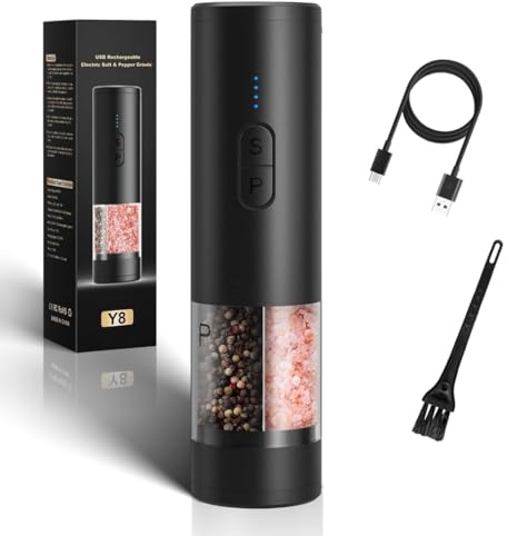 Moulin Double Électrique 2-en-1 pour Sel & Poivre–Rechargeable par USB avec Éclairage LED,Mouture Céramique Réglable & Grand Volume (Noir)
