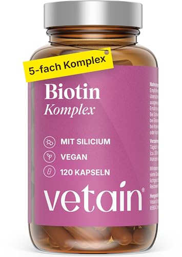VETAIN Biotin Komplex - Mit Zink, Selen, Silizium & Vitamin B5-120 Kapseln - hochdosiert mit 5.000µg Biotin - Für Haare, Haut & Nägel - Vegan & ohne Magnesiumstearat - produziert in Deutschland