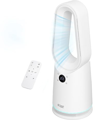 Russell Hobbs Smart Bladeless Cooling Fan in White, 9 Speed Settings, 3 Modes, Touch Controlled Buttons, WiFi Enabled, LED Display with Remote, 80° Oscillation Function, 59cm Tall, RHCBLDL10SM