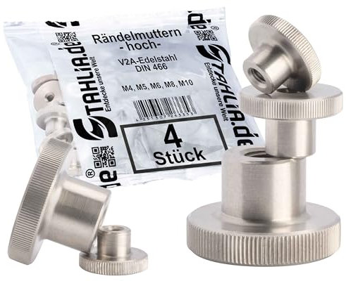 Stahlia Rändelmutter M6 Edelstahl V2A Muttern Set (4 Stück) hohe Form DIN 466 Gewindemutter gerändelt für metrische Schraubgewinde & Gewindestangen