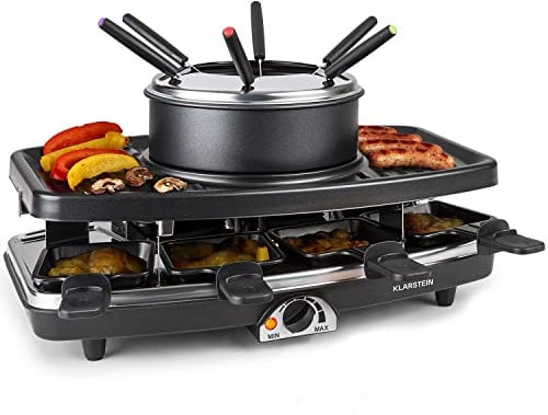 Klarstein Appareil a Raclette et Fondue 3-en-1, Machine avec Pierrade de 1100W, Gril en Pierre, pour 8 Personnes, Poelon, Fourchettes, Service