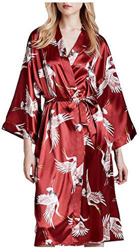 Damen Kimono Bademantel 3/4 Ärmel Schlafanzug mit Gürtel Cardigan Japanischer Stil Nachthemd Knielang Pyjama Strickjacke Sommer Strand Cover Bikini Robe Hausmantel Nachtmantel Saunamantel