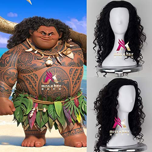 MENS Moana Prince men Maui wig Black Fluffy Long Hair Cosplay Curly Wig with Hair net Maui costumes