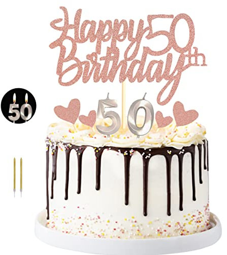 Sumerk Happy 50th Birthday Cake Topper with Number 50 Birthday Candles Heart Cupcake Toppers Cake Decorations Set for 50th Birthday Anniversary - Pack of 17