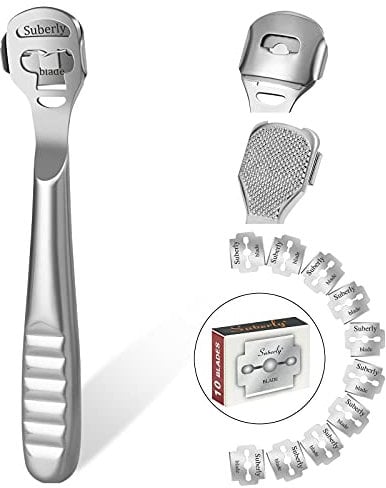 URAQT Râpe à Pied Pédicure, Rapeuse Pieds Anti-Callosités, Coupe Cors, Rasoir pour Talons, Professionnel Pédicure kit Outils avec 10 Lames Outil, Outil de Soin des Pieds