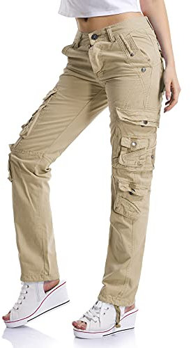 Aeslech Cargohose Damen, Damen Arbeit Kampfhose Straight Leg Pants mit Taschen für Damen Casual Outdoor Wandern Khaki 36 - DE 42