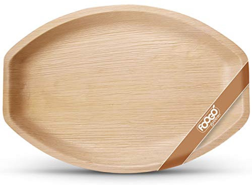 FOOGO Green 100 Disposable Palm Leaf Serving Trays, Large Oval 14x10 (35cmx25cm), for Platters, Starters, Canape, Charcuterie Board, Eco-Friendly and Sturdy Like Wooden Hot Food Trays