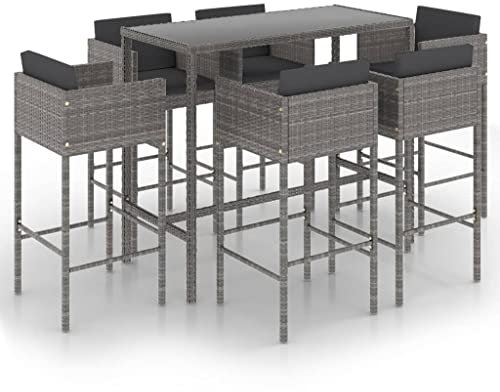 vidaXL Gartenbar Set 7-TLG. mit Kissen Theke Bar Tresen Gartentheke Bartisch Stehtisch Barhocker Barstuhl Gartenmöbel Poly Rattan Grau