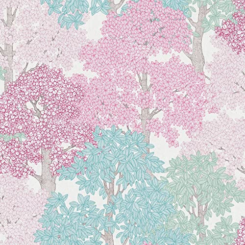 Papier peint arbre & feuille chambre fille | Tapisserie pastel rose, vert et bleu pour couloir | Papier peint intissé pastel pour salon