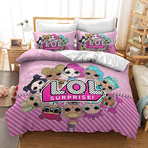 CHAOSE Bettbezug-Set Aus 100% Reiner Baumwolle, Surprise LOL Pink Girl, Bettbezug-Set In Hotelqualität Mit Kissenbezügen, Pflegeleicht Und Superweicher Luxus-Bettwäsche (Rosa 03,135 x 200 cm)