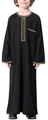 KRUIHAN Abaya Jungen Gebetskleidung – Langarm Kaftan Kinder mit Goldstickerei & Reißverschluss,Muslimische Kleidung für Kinder,Schwarz,150(11-12Y)