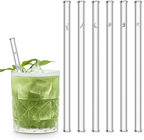 HALM Glas-Strohhalme - Earth Day Edition - Tierarten Set - Besonderes Geschenk - 6 Stück gerade 15 cm kurz mit Gravur - wiederverwendbare Glastrinkhalme - Glasstrohalme