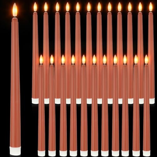 Macarrie 24 Packs Flameless Taper Candles Battery Operated Fake 11 Inch Long Candle Light LED Flameless Candlesticks Flickering Tapered for Wedding, Halloween, Christmas(Brown)