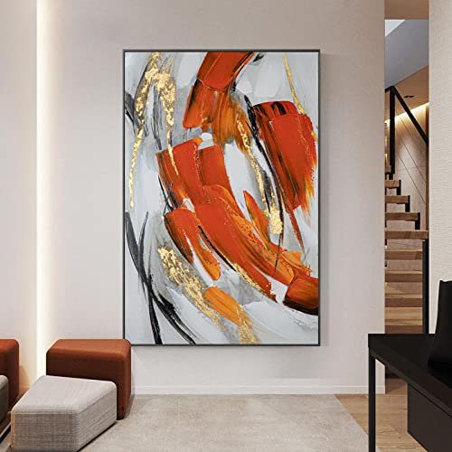 Tableau Abstrait, Art Abstrait Moderne Ligne De Texture Orange Embellissement De Feuille d'or Oeuvre Minimaliste Peintures À l'huile À La Main sans Cadre sur Toile Art Mural pour Salon Chambre Bu