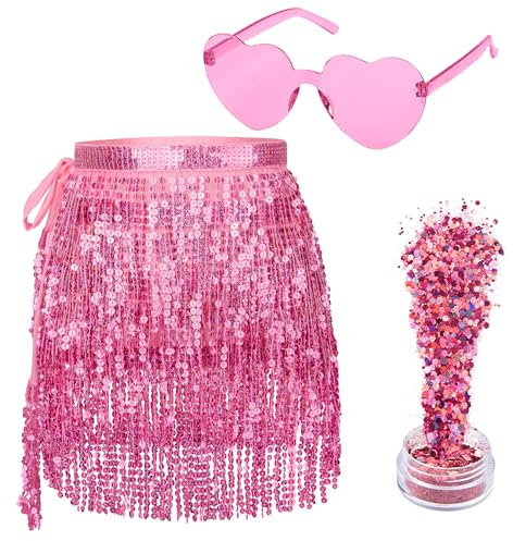 Paillettenrock – Bauchtanz-Hüftschal, Pailletten-Quastenrock, Fransenrock mit Herz, Sonnenbrille und Glitzer, Einheitsgröße, Pink, 40