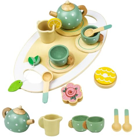 Juego de te Infantil, AolKee Accesorios Cocina Juguetes, 15 Juegos de té de Madera para niños pequeños, Juegos de té para niños, Juguetes de Madera, Juegos de té para niños Mayores de 36 Meses