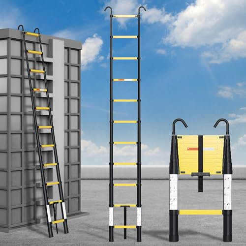 Eulenke 3,2M Aluminium Teleskopleiter - Rutschfester Klappleiter mit EIN-Knopf-Rückzug und Abnehmbarem Haken - Aluleiter mit Softclose - Stehleiter 150KG Belastbarkeit - Haushaltsleiter Schwarz Gelb