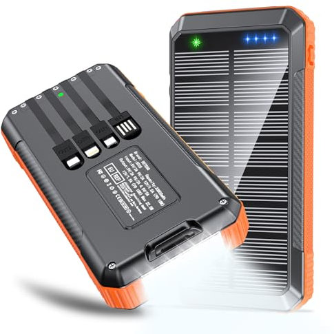 Solar Powerbank mit Kabel, 33800mAh Externer Akku 22.5W PD3.0 USB-C Schnellladegerät mit Taschenlampe (SOS), 6 Ausgänge und 4 Eingänge,für iPhone 12 13 14 15 Samsung iPad Camping Outdoor etc (Orange)