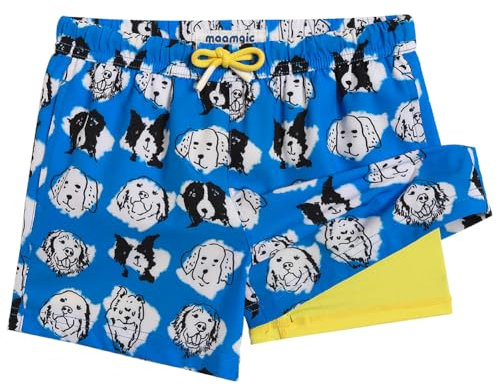 MaaMgic Badehose Jungen Kinder | Schnelltrocknend Schwimmhose Kurz Swim Shorts für Kleine | 2 in 1 Badeshorts mit Kompression Tasche Verstellbare Tunnelzug MEHRWEG,Hund Blau Weiß Gelb,14-16 Jahre