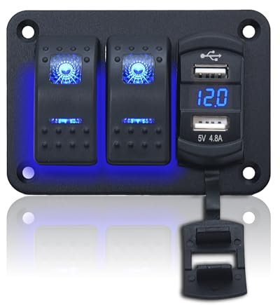 Geloo 2 Gang Pannello Interruttore Impermeabile, 12V/24V Marino Interruttore a Bilanciere Pannello con 4.8A Doppio USB LED Voltmetro Interruttore a Levetta per Auto Barca Camion Camper