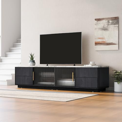Merax Meuble TV moderne de 160 cm - 2 casiers avec portes en verre et 4 tiroirs comme espace de rangement - Pour salon, salle à manger - Motif marbre - Gris