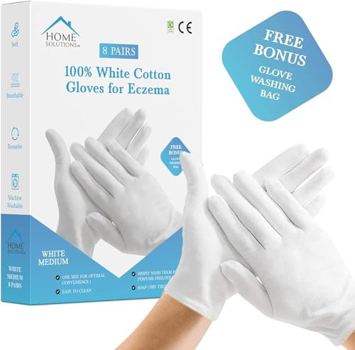 Premium Cotton Gloves for Eczema | 8 Pairs with Free Wash Bag | Men & Women Hand Moisturiser/Moisturising White Gloves for Dry Hands Overnight. (Large Size)