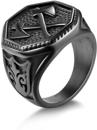 Joliernelle Schwarzer Krieger-Kreuz-Doppelaxt-Ring für Männer, Edelstahl, Retro, nordischer Punk, Biker, Wikinger-Ring, Schmuck, Geschenk, Größe 62