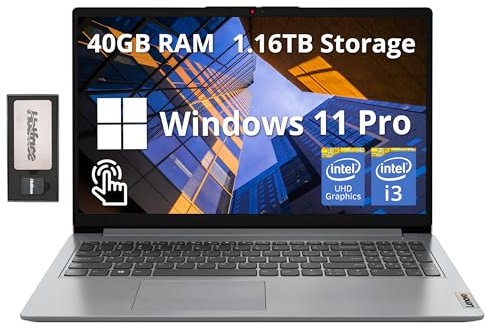 Lenovo Ideapad 1i - Computer portatile touchscreen FHD da 15,6, Intel i3 1215U, 40 GB di RAM, 1,16 TB di spazio di archiviazione (SSD da 1 TB + set docking station da 160 GB), scheda grafica Intel
