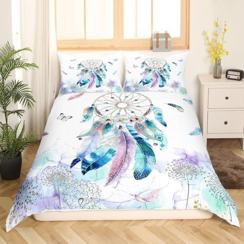 EXSANLIEAY Traumfänger BettwäSche 155x220 LöWenzahn Muster Wende BettwäSche-Sets Microfaser Bettbezug & 2 Kissenbezug 80x80 mit Reißverschluss, Weich & Bügelfrei, Als Ganzjahres-Bettwäsche Geeignet
