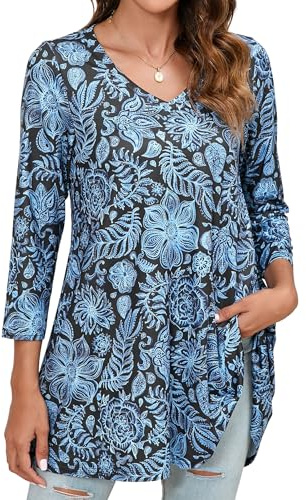 Enmain Tunique Femme Longue à 3/4 Manches Tuniques Chemisier Femme Chic élégant Grande Taille Col en V Fleurs Blouse Ample Haut Fête Vacances Hiver Bleu&Noir, XL