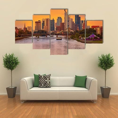 QYYAMDEQ Wandbilder Set Deko Bilder 5 Stück Leinwandbilder Frankfurt Skyline mit Meno Fluss 5 Platten Poster Wandbild Kunstdrucke Büro Küche Schlafzimmer Wandbilder Wohnzimmer Xxl