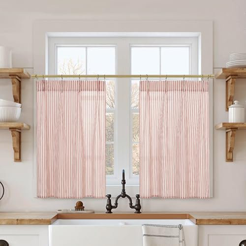 Vintage-Vorhänge für Küchenfenster, rot und weiß gestreift, Landhausstil, Leinen, durchscheinend, klein, primitive Vorhänge für Wohnzimmer, 91,4 cm Länge