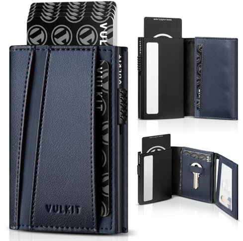 VULKIT Porte-Cartes Minimalist Portefeuille pour Homme Pop Up Étui à Cartes en Métal Blocage RFID avec Poche à Monnaie et Emplacement pour clé de Rechange (Marine)