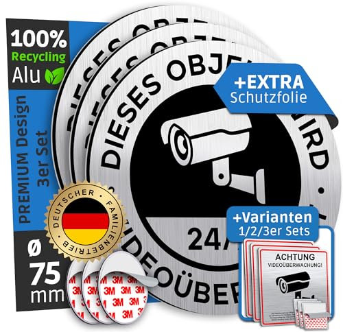 SCHILDERBOXX® 3er Set Achtung Videoüberwachung Schild Klein [Ø75mm, 100% Alu, 3M Tape] - Aufkleber Kameraüberwachung, Grundstück Videoüberwacht, Video Überwachung Privatgrundstück, Kamera Überwacht