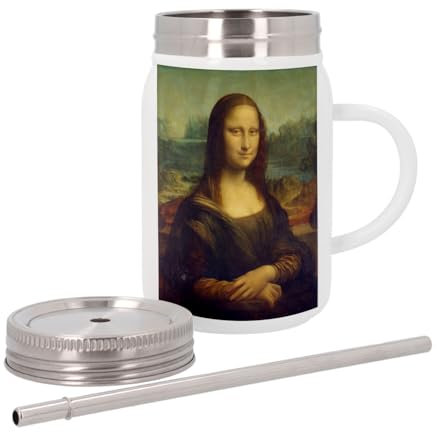 Thermobecher aus Edelstahl mit Deckel und Strohhalm – Leonardo da Vinci Mona Lisa La Joconde Art Klassisches Kunstwerk – 500 ml – Thermobecher