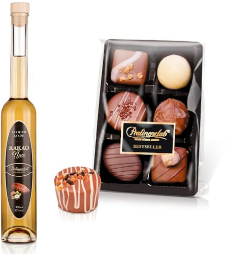 Pralinenbote Genussmanufaktur – Geschenk-Set Kakao & Nuss Likör & Pralinenclub Klassiker mit 6 handgefertigten Pralinen deutscher Chocolatiers, das edle Genuss Geschenk Set
